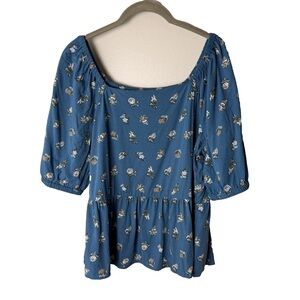 Loft Blouse Size Large Top Short Elbow Length Sleeves Floral Blue Green Gold